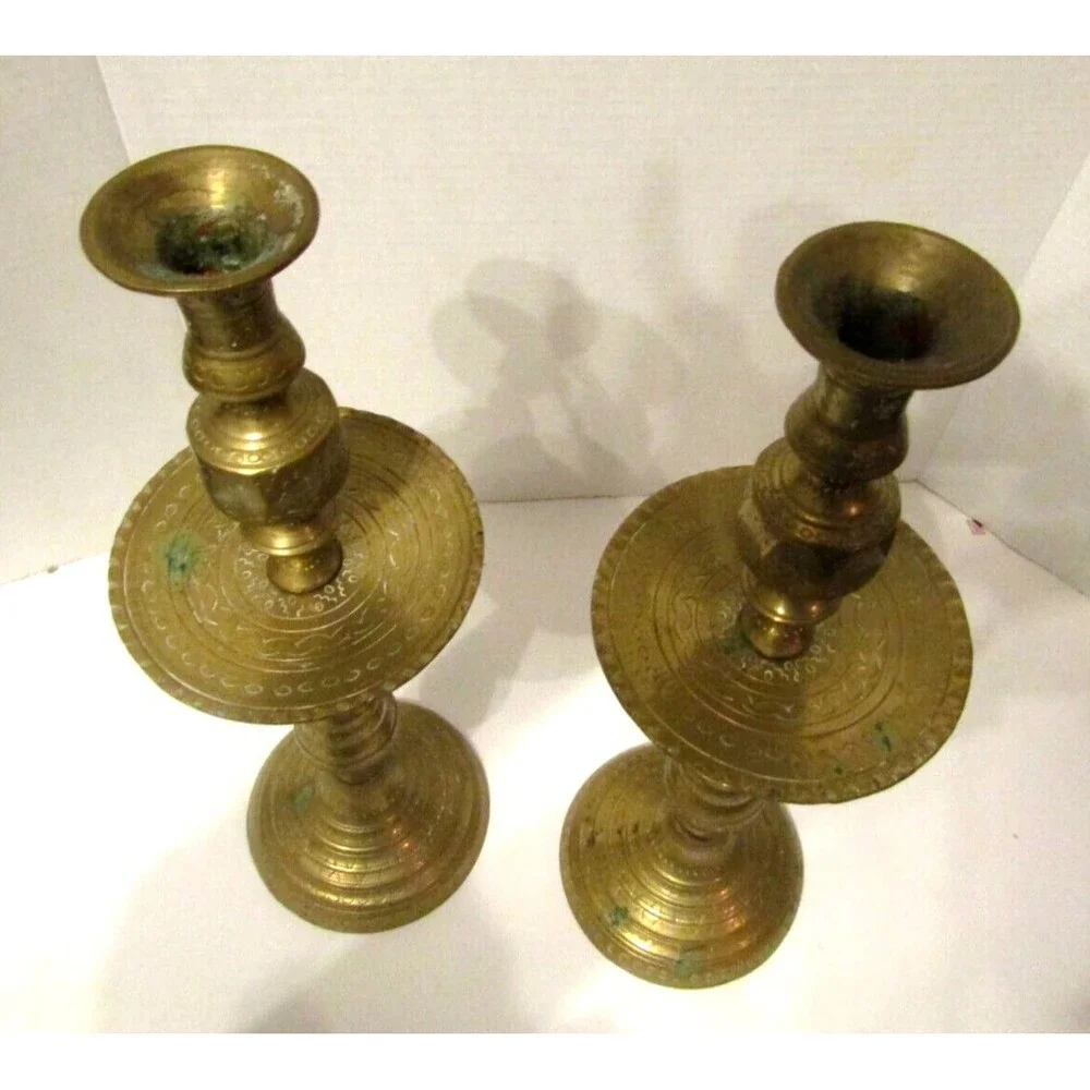 Moroccan Candle Holders Vintage 1950s Solid Brass Mid Century Set Pair Etched